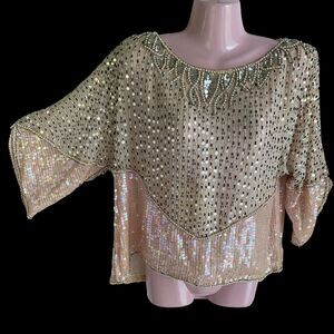 Neiman Marcus Silk Sequin Top Womens Medium Beige Pearl Beaded Vintage India 90s